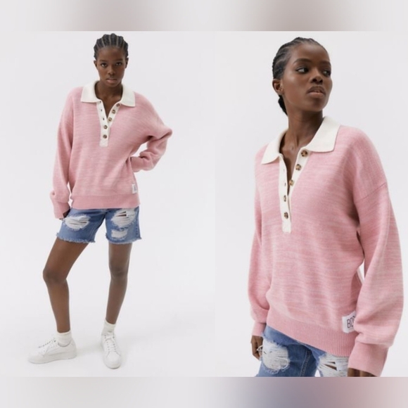 BDG Renna Long Sleeve Rugby Sweater Large Pink Oversized Preppy Collared Cotton - Picture 1 of 14